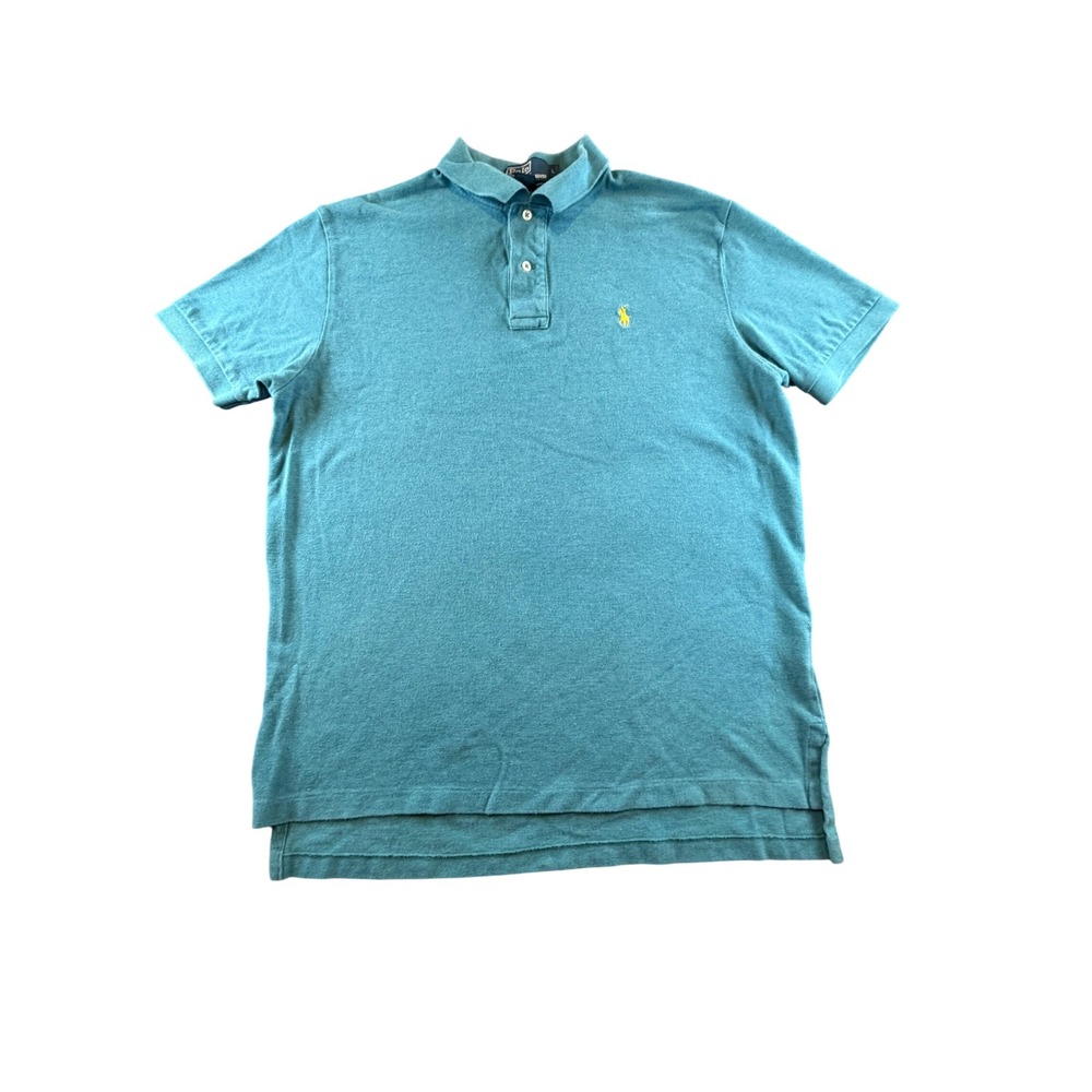 Polo Ralph Lauren Mens Large Teal Blue Short Sleeve Pique Polo Shirt Yellow Pony